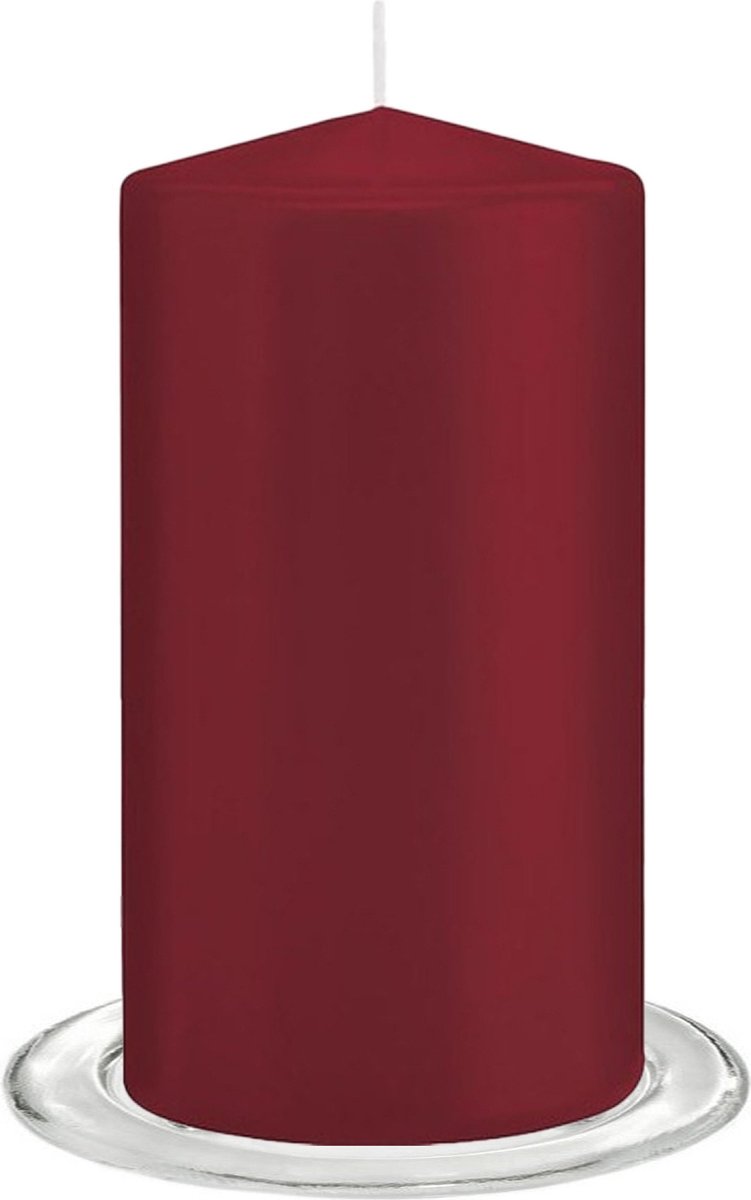 Trend Candles - Stompkaarsen met glazen onderzetters set van 2x stuks bordeaux rood 8 x 15 cm