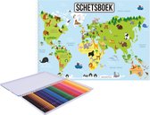 A4 aarde/wereldmap thema print schetsboek/ tekenboek/ schetsblok wit papier met 36 kleurpotloden