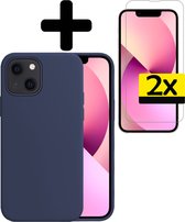 Coque pour iPhone 14 Coque Siliconen Avec 2x Protecteur d'écran Avec Encoche Fermée - Coque pour iPhone 14 Coque Housse avec 2x Verre de Protection - Blauw Foncé