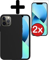 Hoesje Geschikt voor iPhone 14 Pro Hoesje Siliconen Case Hoes Met 2x Screenprotector - Hoes Geschikt voor iPhone 14 Pro Hoes Cover Case - Zwart
