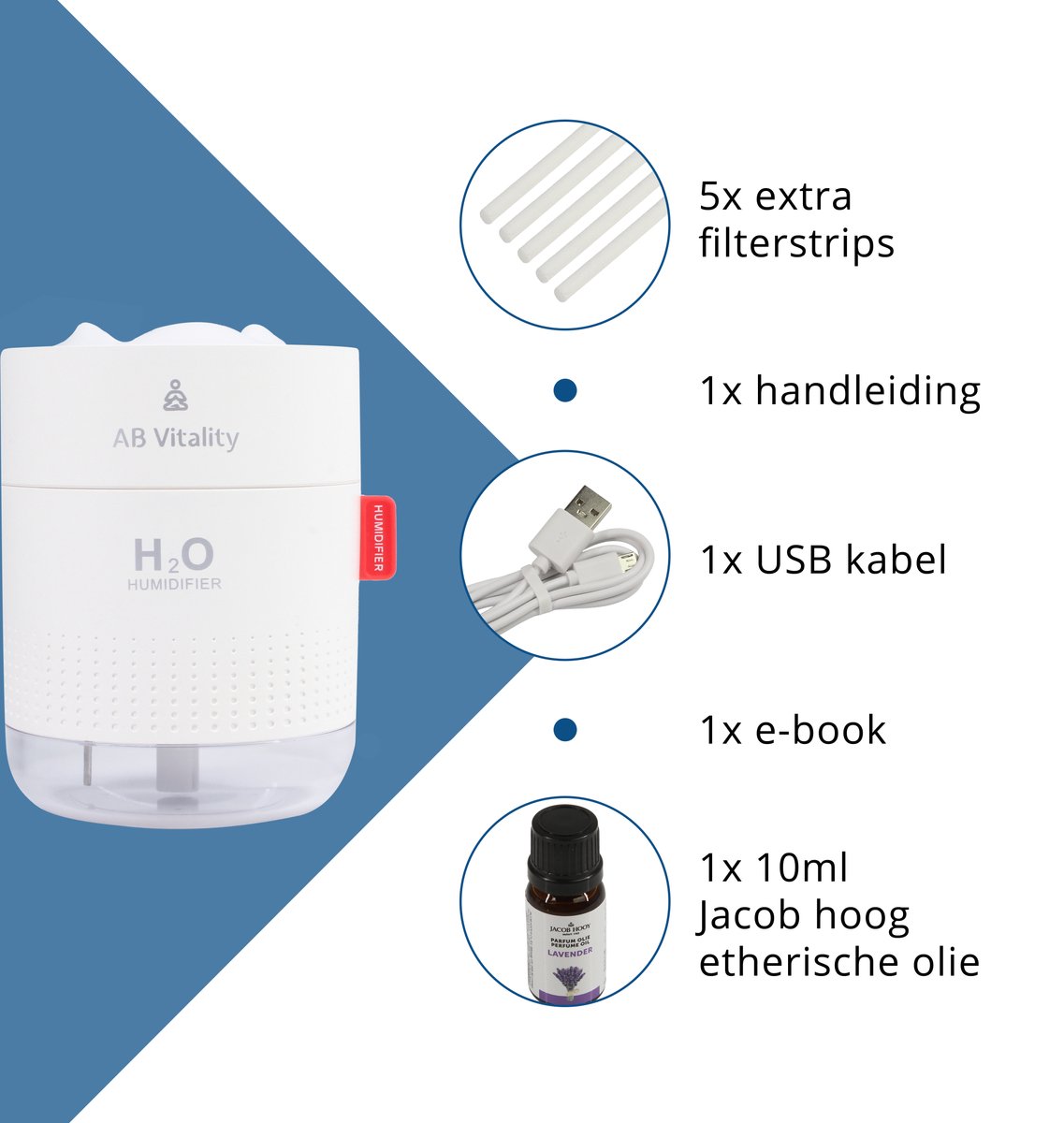 H2o Aroma Diffuser Luchtbevochtiger - Wit - 500 ML Vernevelaar - Incl Etherische Olie en Ebook - Met 5 Extra Filters