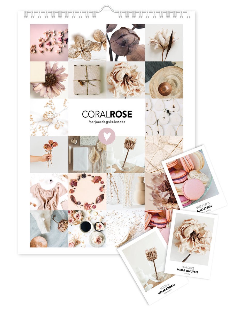 Verjaardagskalender Coral Rose a4 ringband - Give-X - inclusief 3 wenskaarten - ringband