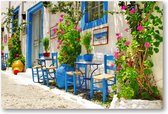 Traditioneel Griekenland - taverna's op straat - 90x60 Canvas Liggend - Bloemen