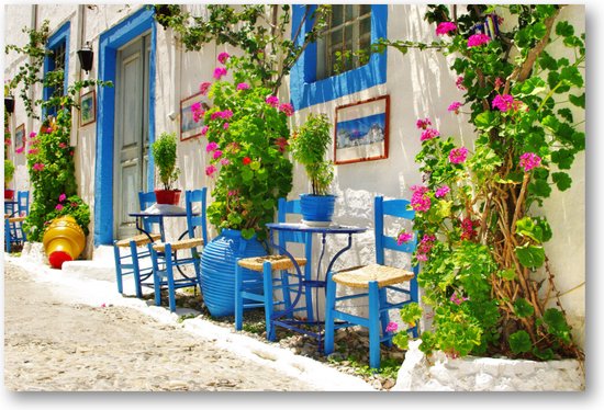 Traditioneel Griekenland - taverna's op straat - Canvas Liggend - Bloemen