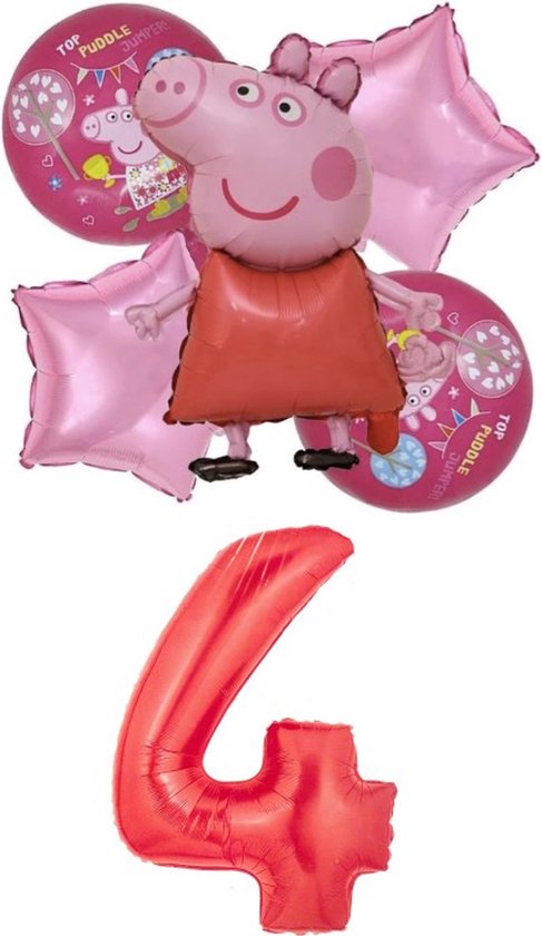 Peppa Pig - Big - Peppa folie ballonnen - set van 6 - rode ballonnen - 81 cm - groot getal ballon -  4 jaar - verjaardag