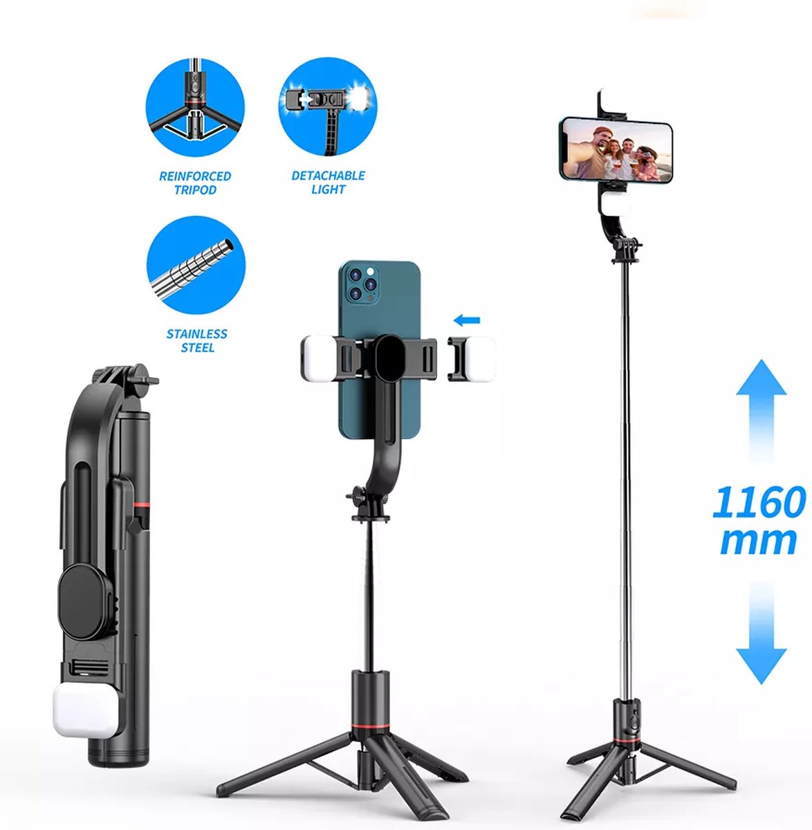 Perche Selfie Bluetooth 1160mm Version étendue, Double remplissage