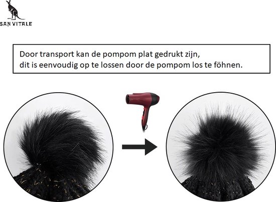 Illustratie die laat zien hoe de pompon van de muts weer veerkrachtig wordt met een föhn.
