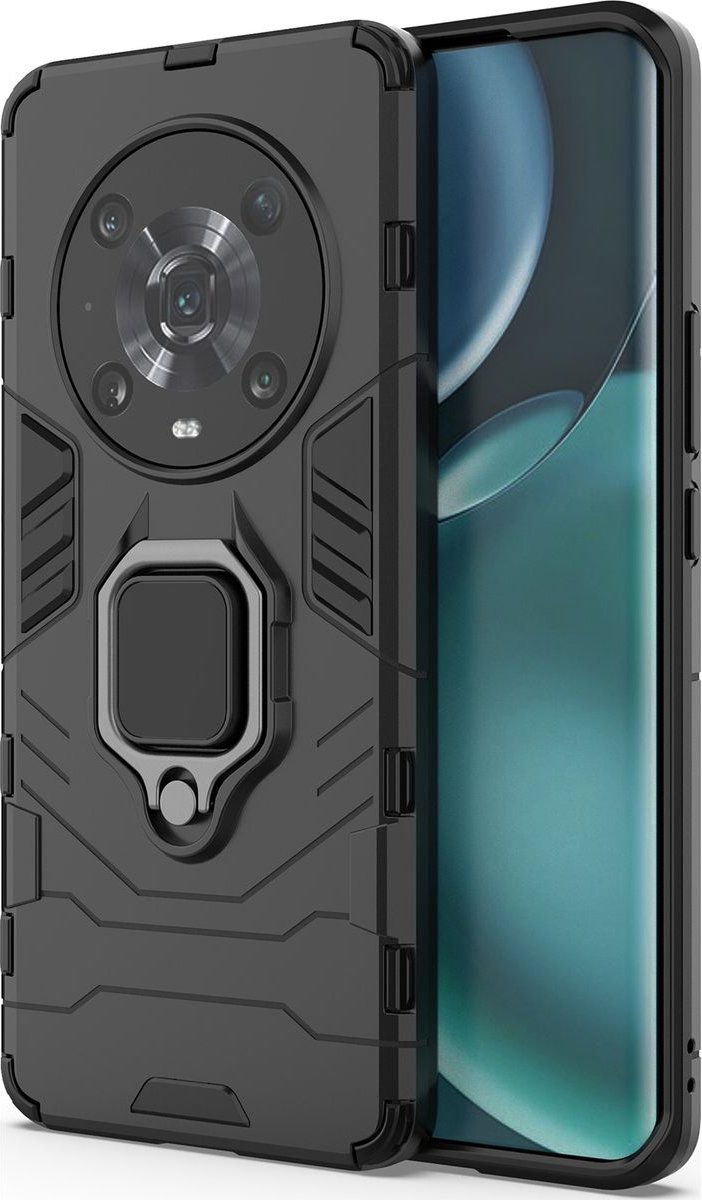 Mobigear Hoesje geschikt voor HONOR Magic 4 Pro Telefoonhoesje Hardcase | Mobigear Armor Ring Backcover Shockproof met Ringhouder | Schokbestendig Magic 4 Pro Telefoonhoesje | Anti Shock Proof - Zwart