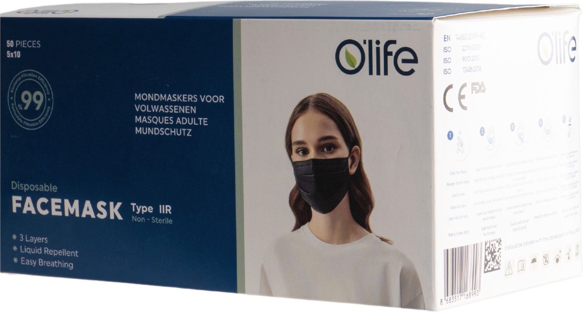 FACEMASK Type IIR 3 Layers Liquid Repellent Easy Breathing Black 2 box* 50=100 Pieces 5x10 3-Ply with Elastic Earloop Liquid Repellent Easy Breathing Fits the Face Perfectly Fiberglass-Free Latex-Free Elastic Integrated Nose Clamp Size:17,5cm x 9,5cm