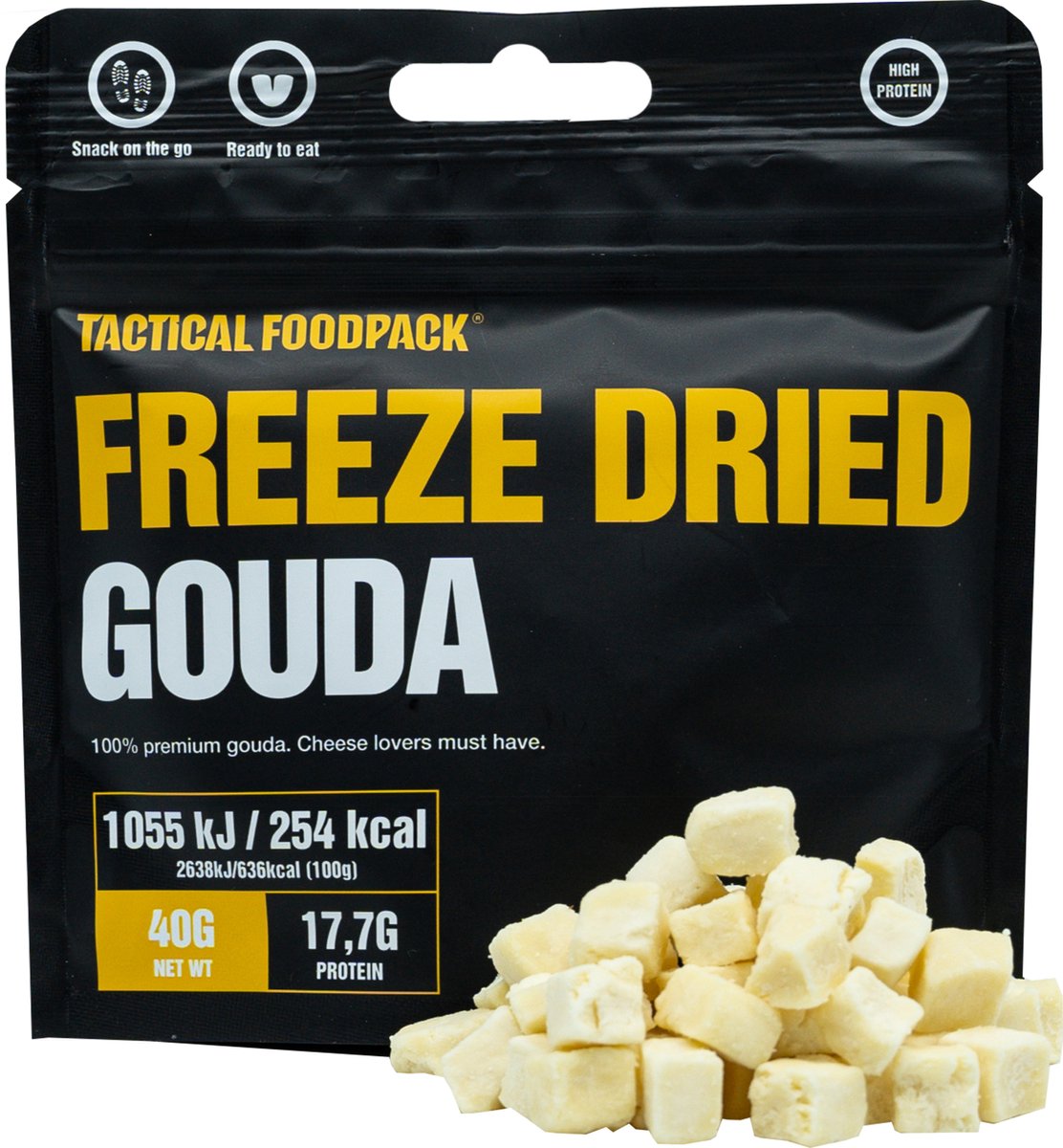 Tactical Foodpack - Freeze Dried Gouda Snacks (40g) - Gevriesdroogde kaasblokjes - 1055kJ/254Kcal - 17,7 gram proteïne - 3 jaar houdbaar - survival eten