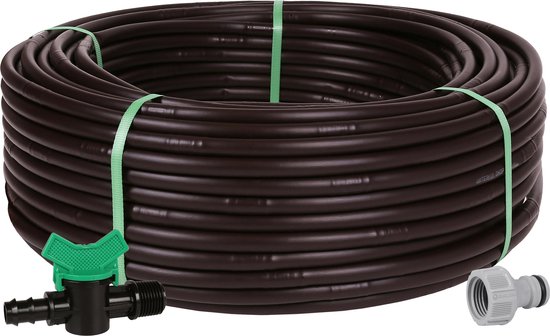 Bruine druppelleiding met drukcompensatie 16mm - 2,2 l/h + Gardena kraanaansluiting - MADE IN EU / 150m + aansluiting + ventiel