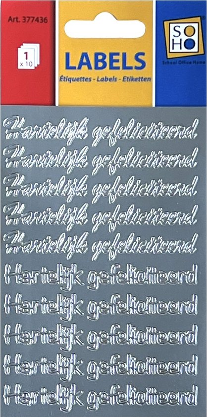Zilveren "Hartelijk Gefeliciteerd" stickers met sierlijk, omrand lettertype. 1 vel, 10 stuks.