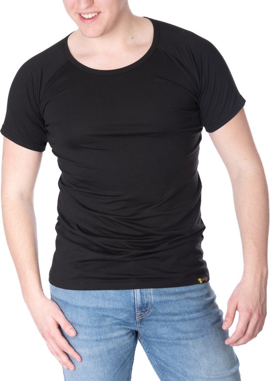 ConfidenceForAll® Heren Premium Anti Zweet Shirt met Ingenaaide Okselpads - Zijdezacht Modal en Verkoelend Katoen - Maat XXL Ronde hals Zwart