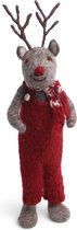 Groot Grijs Rendier met rode neus, broek en sjaal - 27 cm staand model - Vilten Kerstdecoratie - Fair Trade - Én Gry & Sif