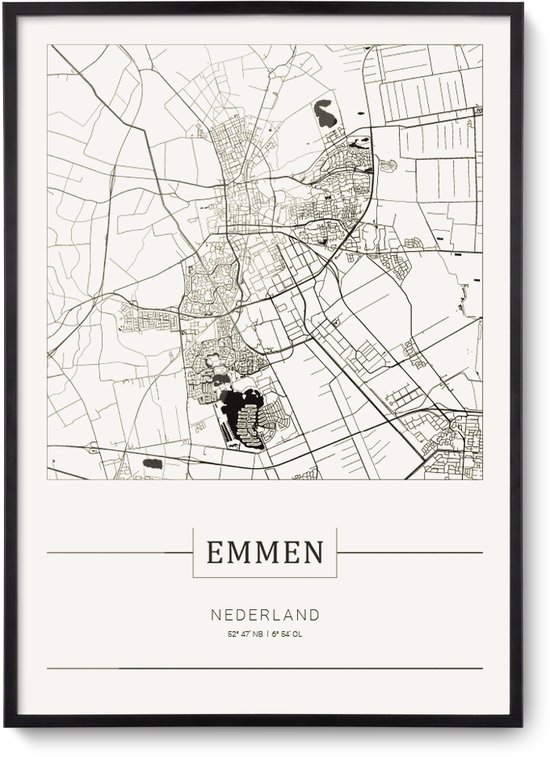 Stadskaart Emmen - Plattegrond Emmen - city map – muurdecoratie 30 x 40 cm in lijst