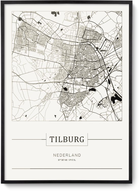 Stadskaart Tilburg - Plattegrond Tilburg – city map – muurdecoratie 30 x 40 cm in lijst