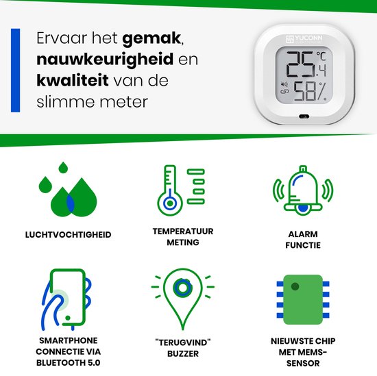 YUCONN Slimme Hygrometer Bluetooth - Thermometer binnen en buiten - Weerstation Draadloos - Luchtvochtigheidsmeter - Temperatuurmeter - Digitaal gratis YUCONN app