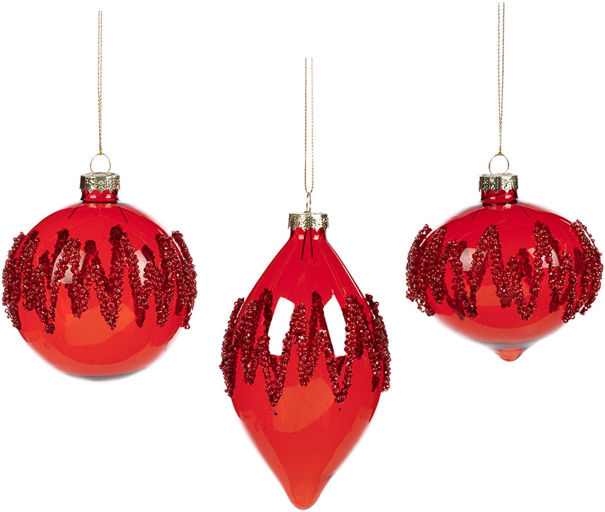 Viv! Christmas Kerstbal - Zigzag kraaltjes - set van 3 - glas - rood - 8cm