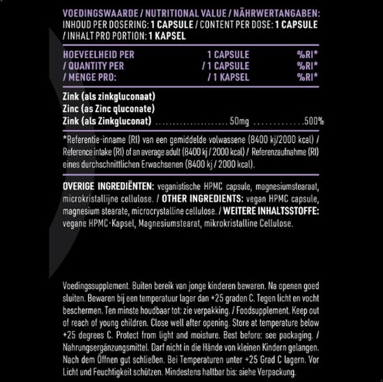 PURE Zinc Gluconate 50mg 100 vegan caps gluconaat mineralen bol