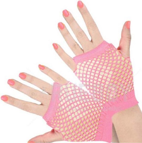 New Age Devi - Vingerloze Korte Visnet Handschoenen Fluor Roze Sexy Fancy Carnaval Party Dance Club Nylon Spandex Mesh