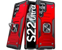 Hoesje Geschikt Voor Samsung Galaxy S22 Ultra Hoesje Heavy Duty Armor Hoesje Rood - Galaxy S22 Ultra Case Kickstand Ring cover met Magnetisch Auto Mount
