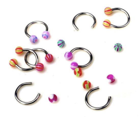 Bijoux by Ive - Lip, wenkbrauw, neus piercing - Circular barbell - Balletje - Set van 5 - Verschillende kleuren