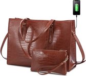 Lubellie® Crolina Tweedelige elegante Dames Handtassen set met een USB-oplaad poort - Dames laptoptas - Schoudertas - een laptopvak voor 15,6 inch Laptops - Bruin