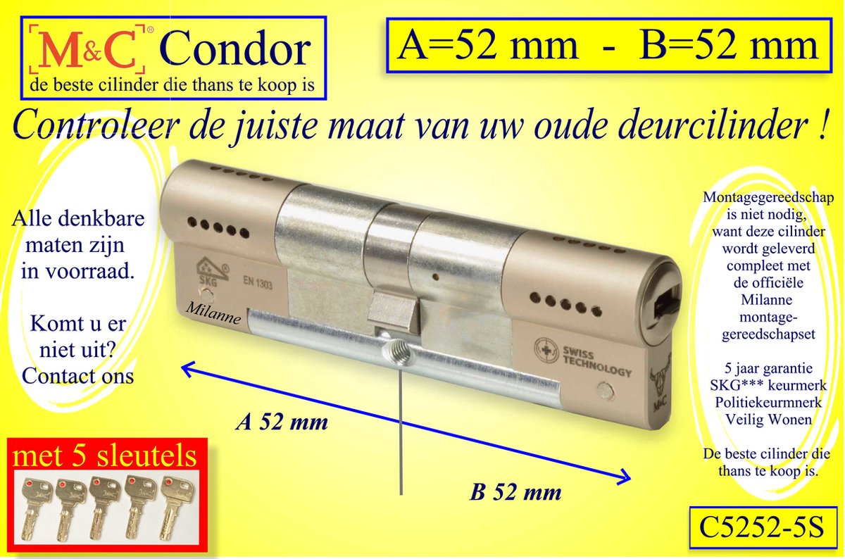 M&C Conder high-tech security deurcilinder 52x52 mm MET 5 SLEUTELS - SKG*** - Politiekeurmerk Veilig Wonen - inclusief MilaNNE gereedschap montageset