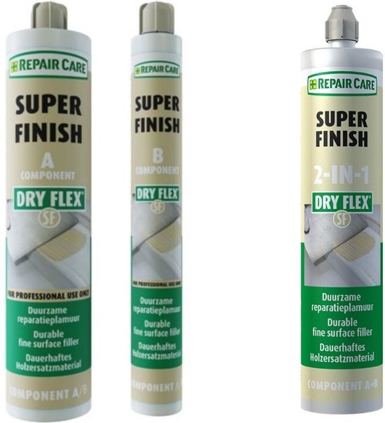 Drie tubes REPAIR CARE SUPER FINISH DRY FLEX, twee component A en B, één 2-IN-1.