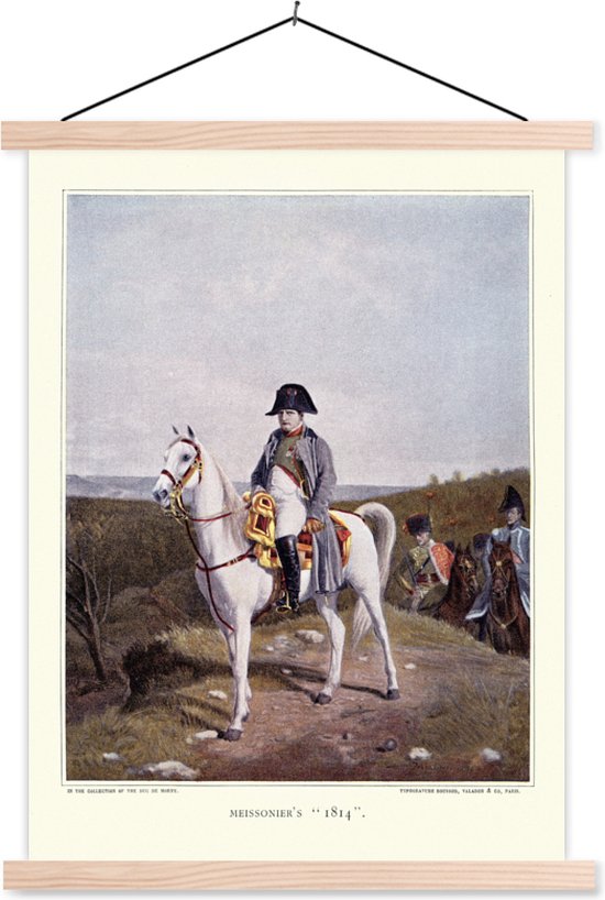 Posterhanger incl. Poster - Schoolplaat - Illustratie van Napoleon Bonaparte op een wit paard onder een grijze lucht - 120x160 cm - Blanke latten