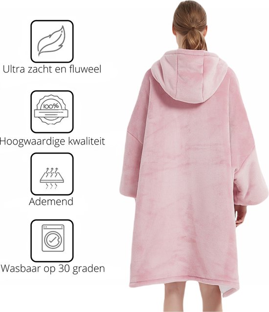 Q-Living Hoodie Deken - Snuggie - Plaid Met Mouwen - Snuggle Hoodie - Fleece Deken Met Mouwen - 1450 gram - Roze Met Rits