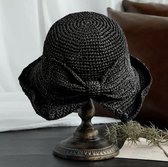 ASTRADAVI Straw Bucket Hat - Zonnehoedje Grote Rand en Verstelbaar - Strooien Hoeden met Strik voor Dames. Zwart