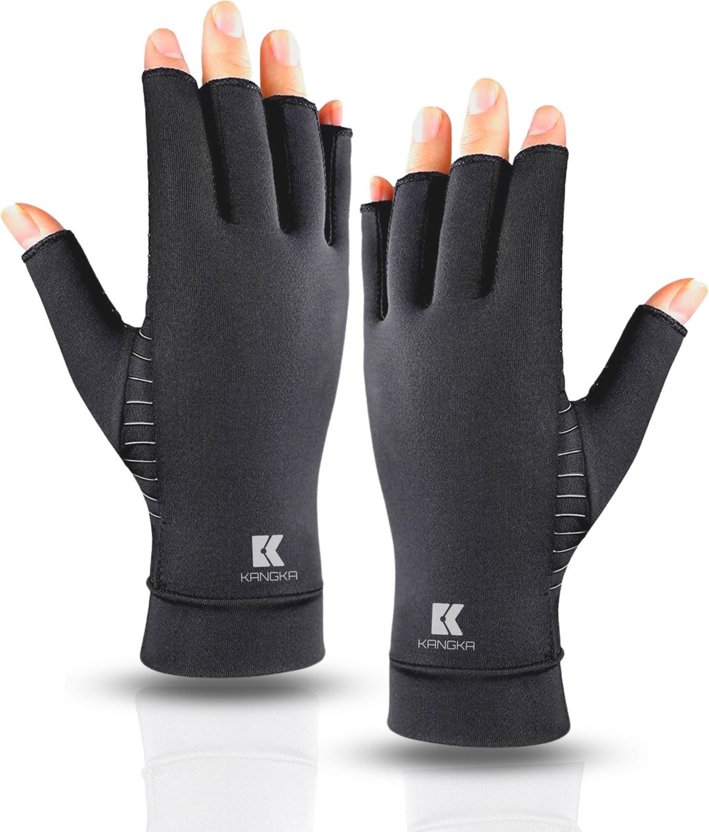 KANGKA® Reuma Compressie Handschoenen - Open vingertoppen voor Bewegingsvrijheid - Verlichting van Artritis en Reumatische Pijn - Zwart - Maat S