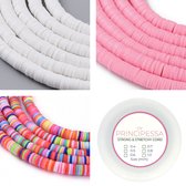 Principessa Katsuki kralen met rol elastiek – Ibiza-mix, Roze en Ivoor Wit – 1.150 kralen – Polymeer klei – 6mm kralen