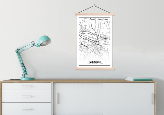 Porte-affiche avec affiche - Affiche scolaire - België - Izegem - Plan de la ville - Carte - Zwart et Wit - Carte - 60x90 cm - Lattes vierges