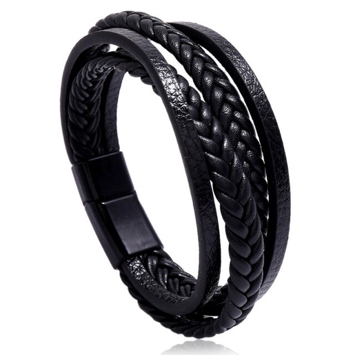 Armband (sieraad) - Embrace-it | valentijn cadeautje voor hem | Leren armband zwart gevlochten 20 cm | zwarte sluiting Valentijns cadeau