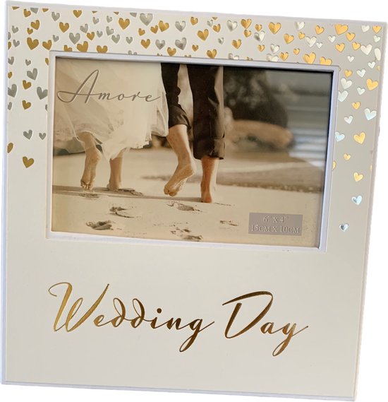 Fotolijst wedding day wit met gouden en zilveren hartjes van Amore by Juliana