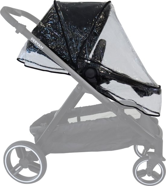 Zwarte Deryan buggy met transparante regenhoes.