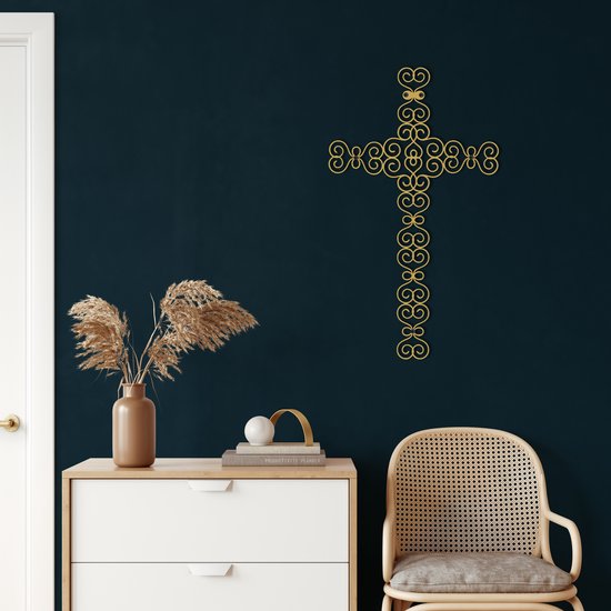 Wanddecoratie |Kruis | Cross | Metal - Wall Art | Muurdecoratie | Woonkamer | Buiten Decor |Gouden| 69x118cm