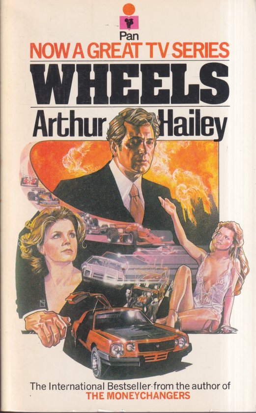 Boekomslag met de titel 'WHEELS' door Arthur Hailey, met een auto en figuren uit een tv-serie.