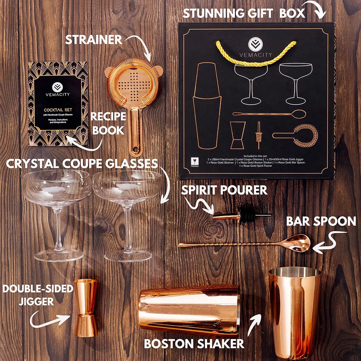 Vemacity - Cocktailset in rosé goud - inclusief 2 handgemaakte kristal cocktailglazen