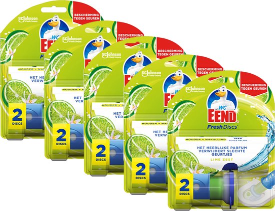 Verpakking WC Eend Fresh Discs Houder Lime met 2 schijfjes, "Bescherming tegen geuren".
