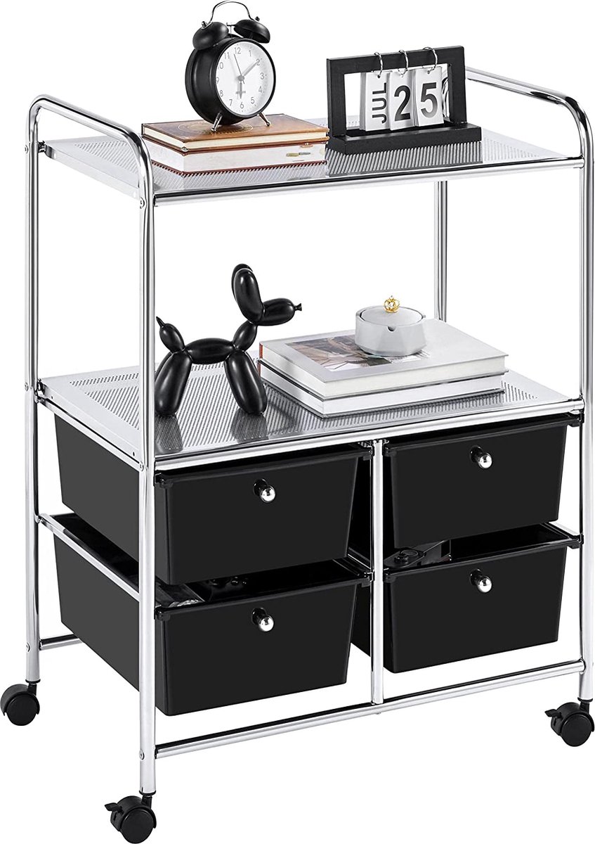 Furnibellaa - Rolwagen met 4 schuifladen, rolcontainer met 2 legplanken, badkamerrek bijzetwagen kapperswagen, 63,5 x 39 x 82 cm