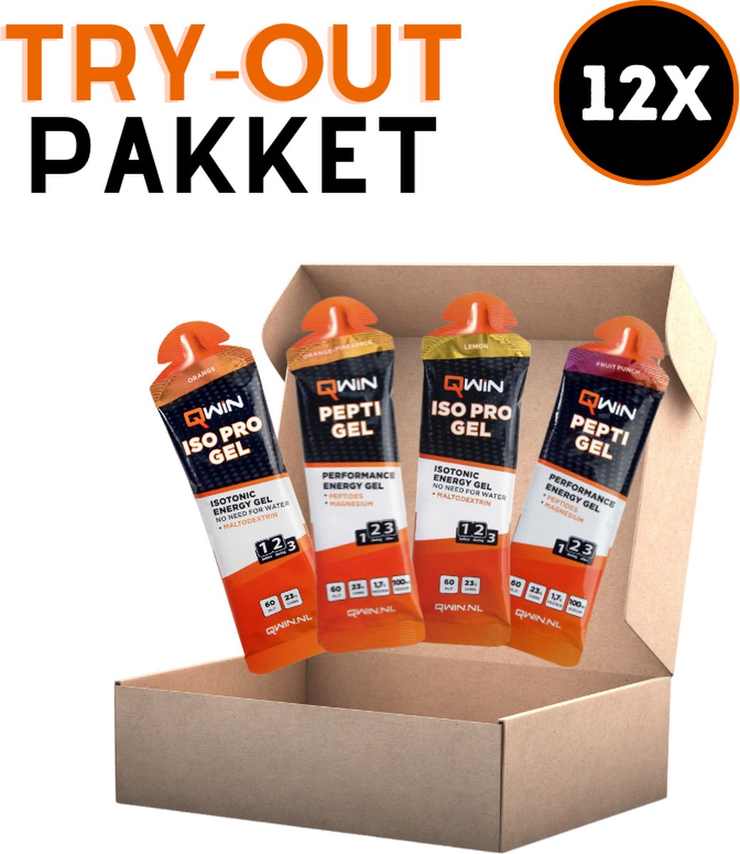 Goedkoopste QWIN Energy Gel Try-out mixpakket (3x IsoPro Gel Lemon 3x IsoPro Gel Orange 3x Pepti Gel Orange-Pineapple 3x Pepti Gel Fruit Punch