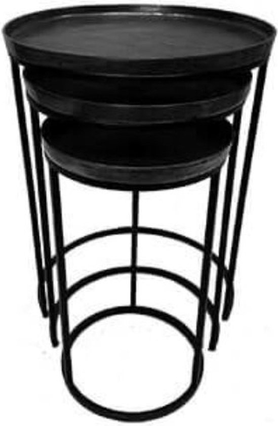 Tafel  - bijzettafel - salontafel  - set van 3 - massief zwart - tinachtig blad  -  rond 50cm