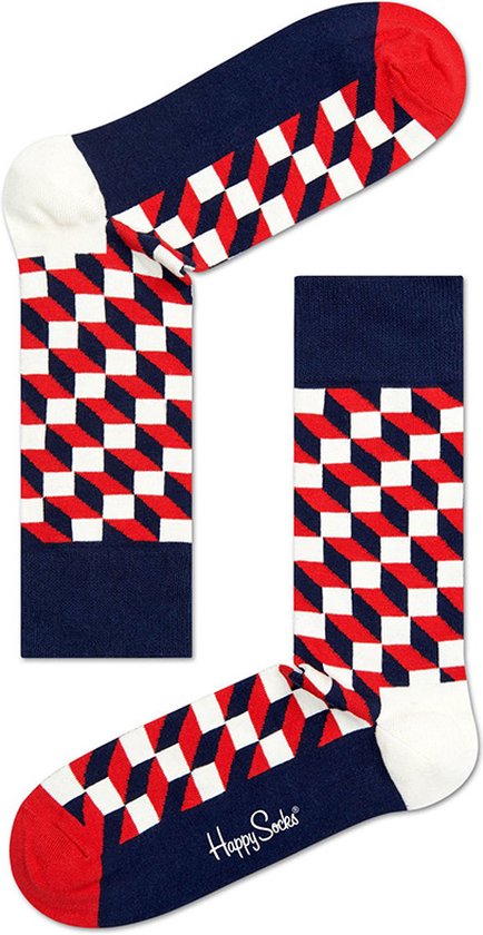Donkerblauwe Happy Socks met een rood-wit ruitpatroon, rode teen en hak. "Happy Socks" tekst op de zool.