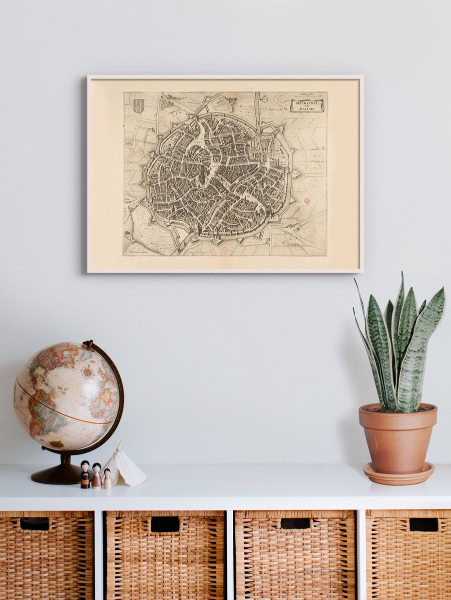 Esque Poster In Witte Lijst - Historische Oude Kaart Mechelen - Stadsplattegrond 1652 - 50x70 cm