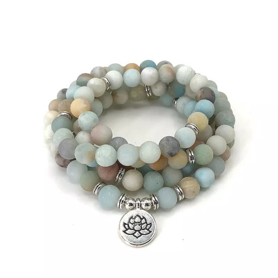 Collier 108 Mala - Naturel - Perles' Amazonite givrées mates - Lotus - Bracelet - Bouddha - Yoga - Méditation - Bouddha