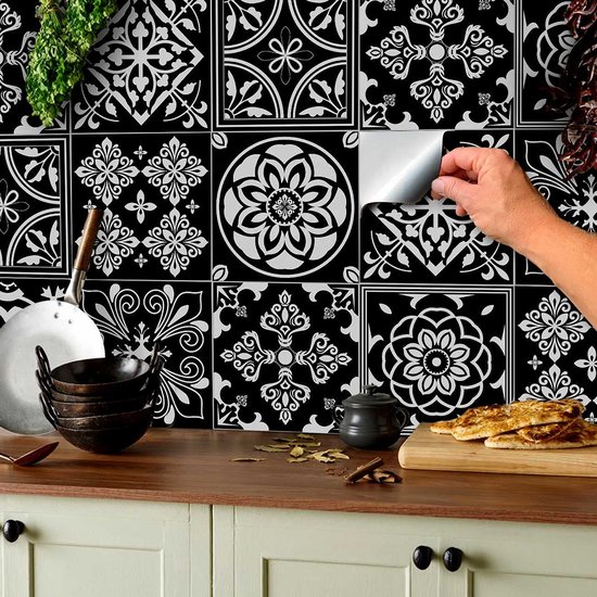 24 stuks tegelstickers voor badkamer en keuken (T1 - zwart), mozaïektegelstickers voor tegels van 15 x 15 cm, decoratieve tegelfolie voor badkamer en keuken