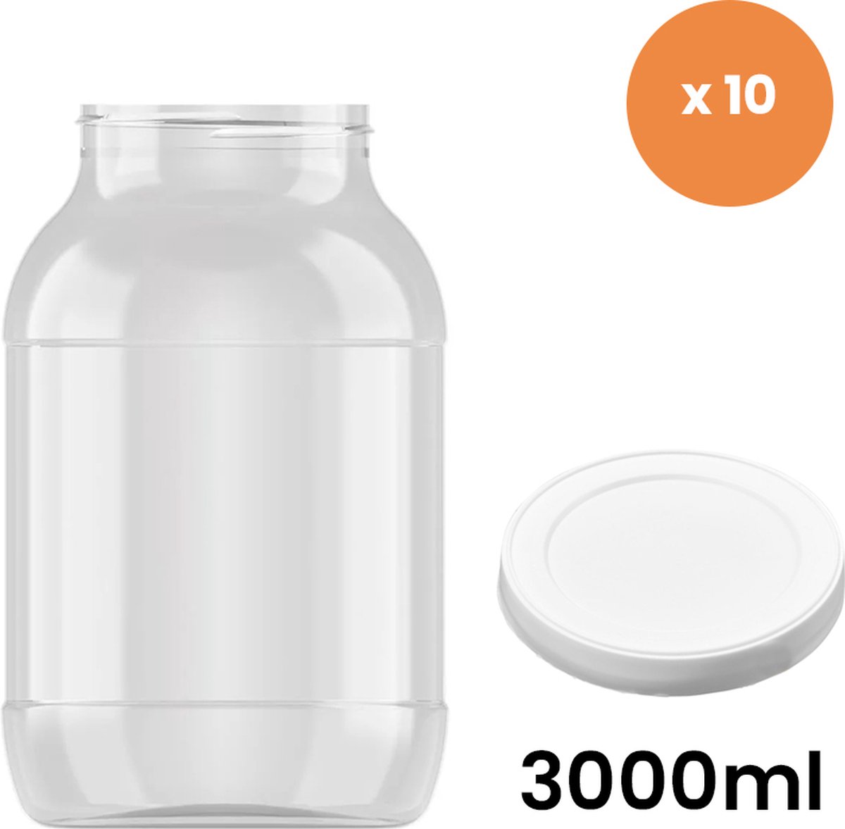 Set van 10 transparante PET bokalen met wit plastic deksel 3000ml